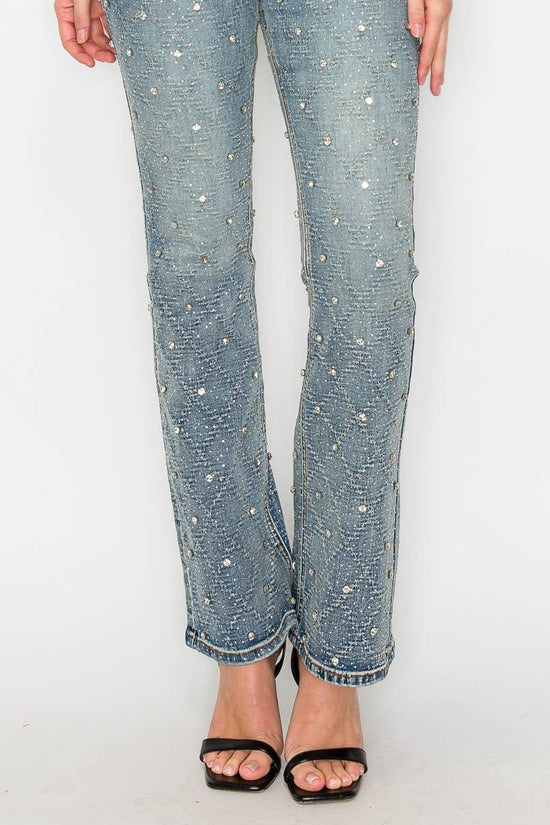 Jewel Embellished All over Rhinestone Modern Bootcut Jeans - Born To Glam Born To Glam