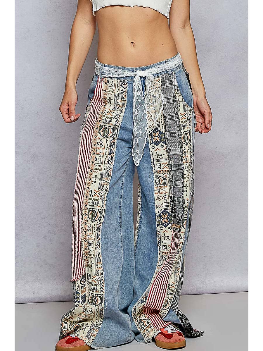 Denim Patchwork Relaxed Woven Denim Pant by Born To Glam Born To Glam