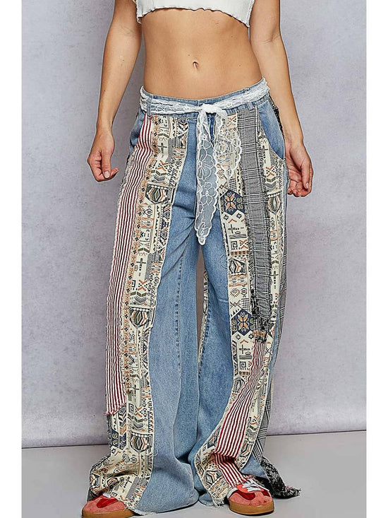 Denim Patchwork Relaxed Woven Denim Pant by Born To Glam Born To Glam