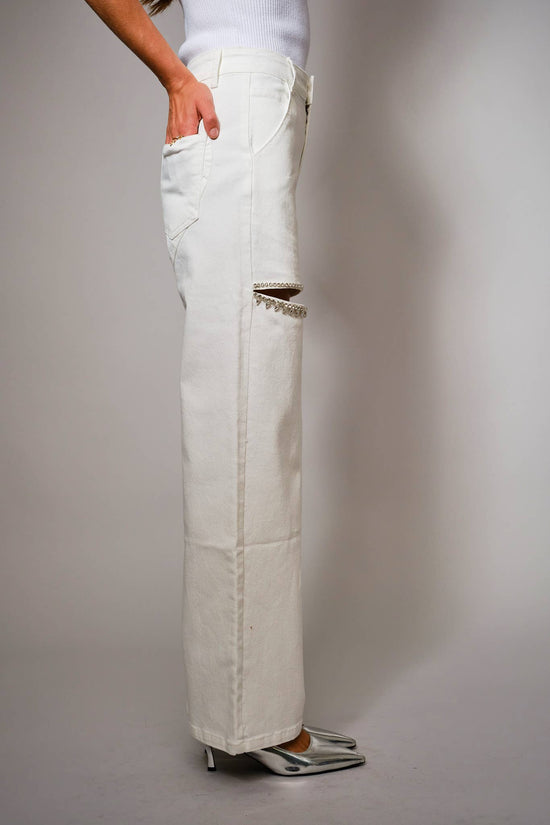 White Cut Out Front Rhinestone Washed Denim Jeans - Born To Glam Born To Glam