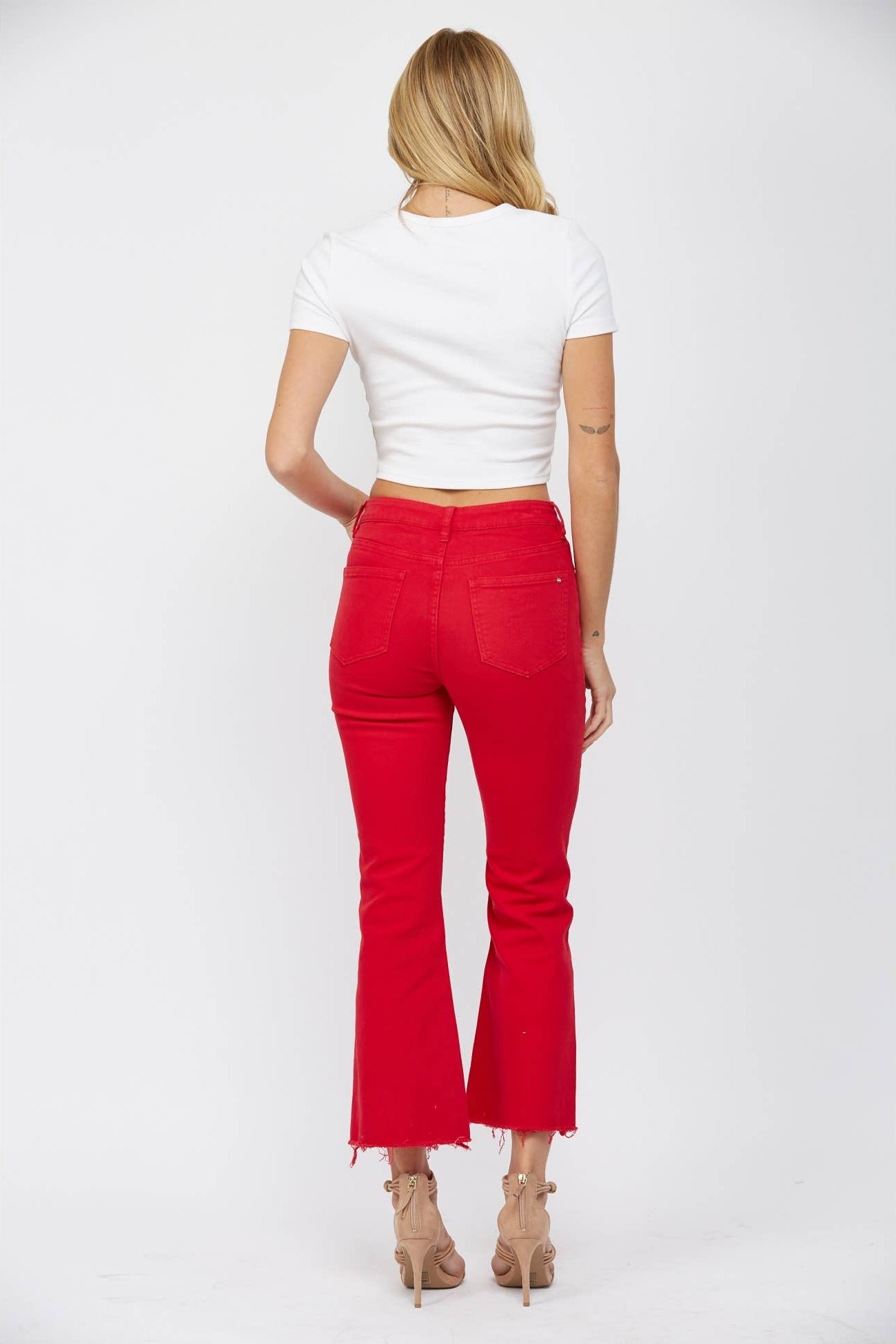 Mica Denim Red High Rise Ankle Flare Born To Glam