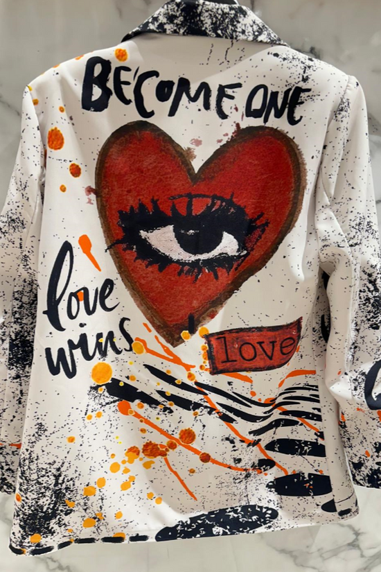 White Love Print Blazer Born To Glam