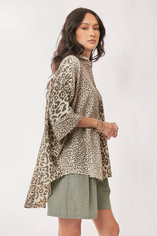 TAUPE LEOPARD ANIMAL PRINTED RIBBON RUFFLE SLEEVE SHIRT TOP - Born To Glam Born To Glam