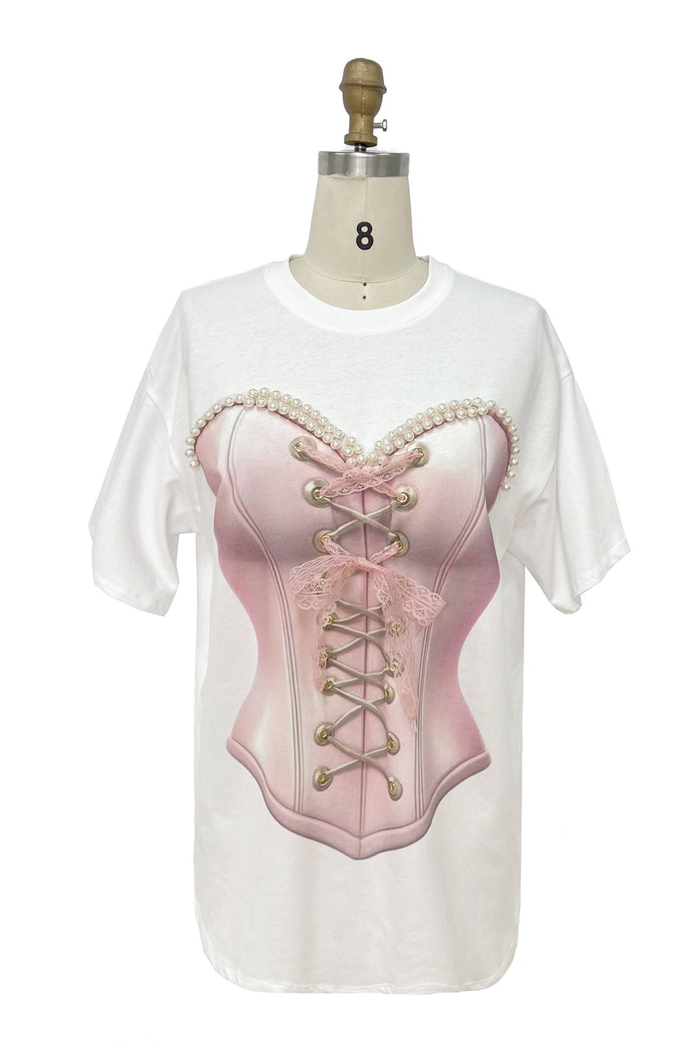 Corset Graphic Tee with Pearl and Lace Detail - Born To Glam Born To Glam
