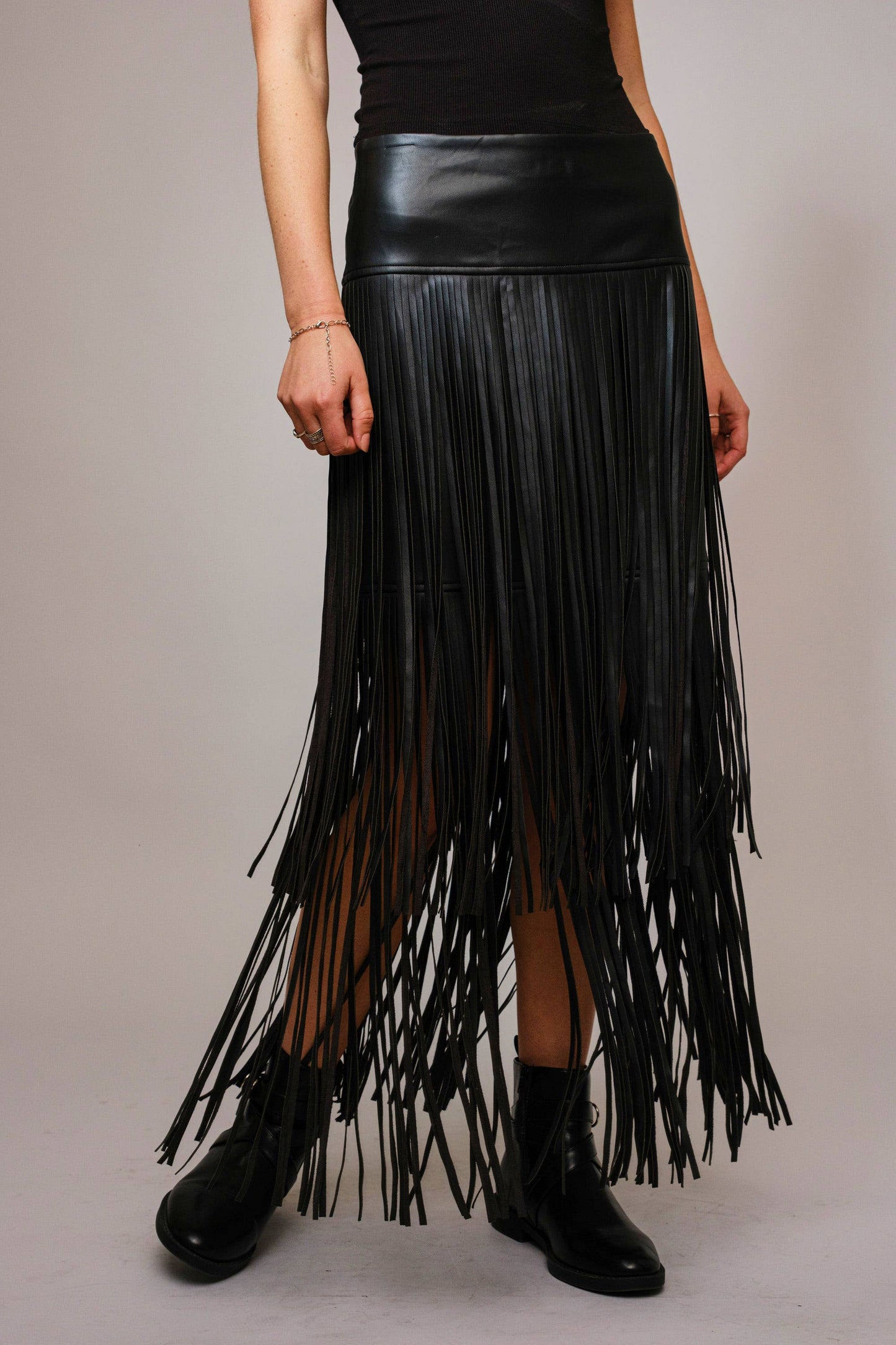Black Faux Leather Tiered Fringe Maxi Skirt - Born To Glam Born To Glam