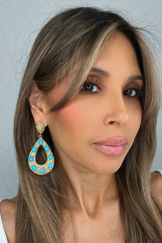 Open Teardrop Crystal & Turquoise 925 Sterling Silver Statement Earring - Born To Glam Born To Glam