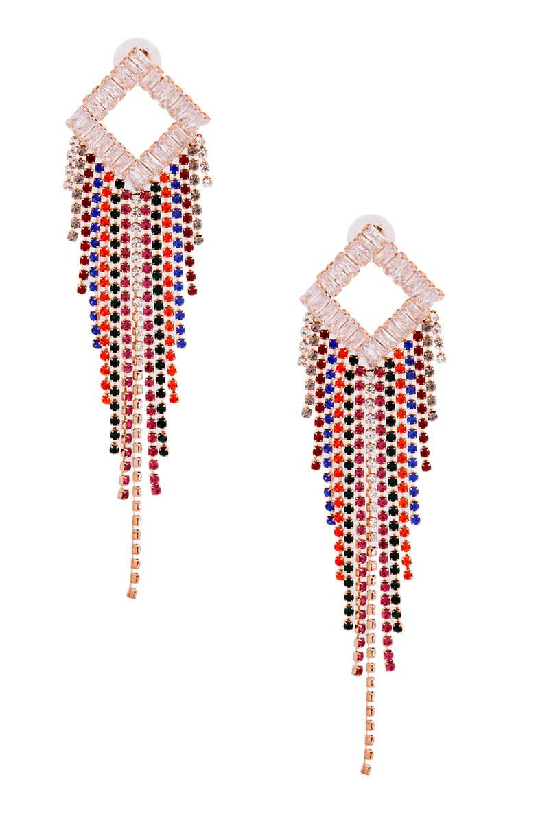 Multi Color Diamond Fringe Rhinestone Earrings - Born To Glam Born To Glam