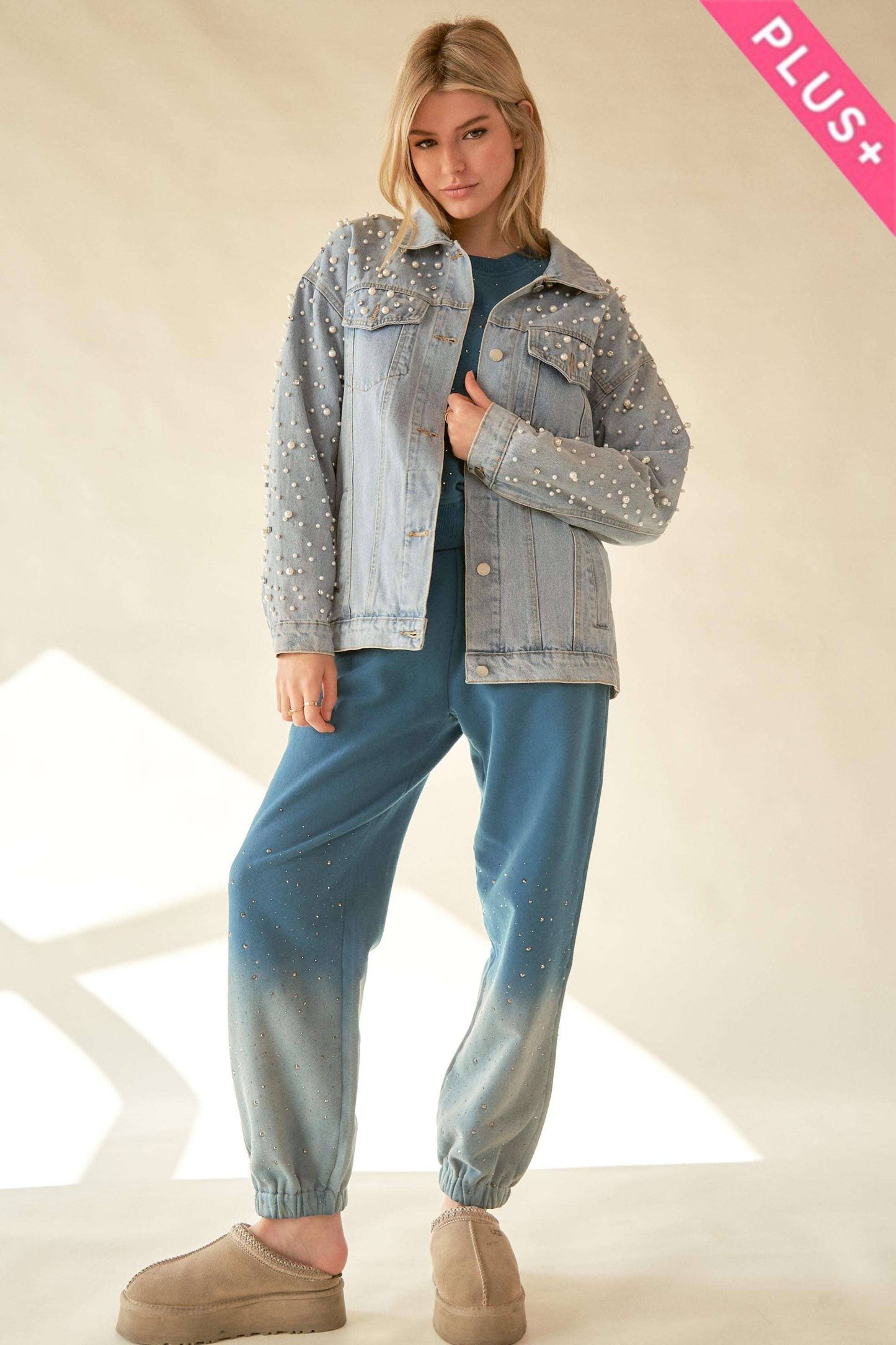 PLUS PEARL RHINESTONE DETAIL DENIM JACKET - Born To Glam Born To Glam