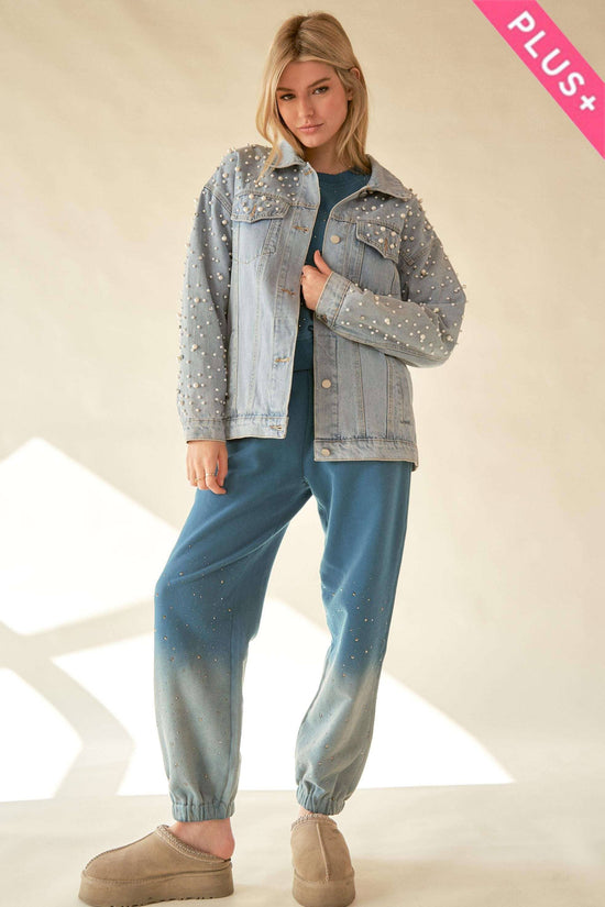 PLUS PEARL RHINESTONE DETAIL DENIM JACKET - Born To Glam Born To Glam