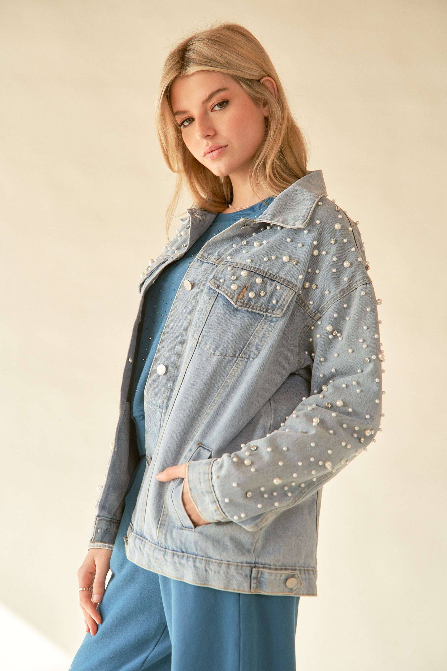 PLUS PEARL RHINESTONE DETAIL DENIM JACKET - Born To Glam Born To Glam