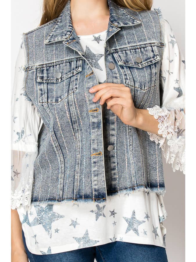 Blue Crystal Stripe Denim Vest - Born To Glam Born To Glam