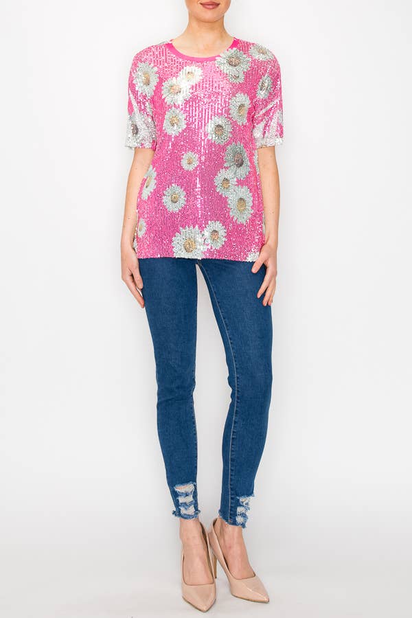 Pink Daisy Sequin Tee - Born To Glam Born To Glam
