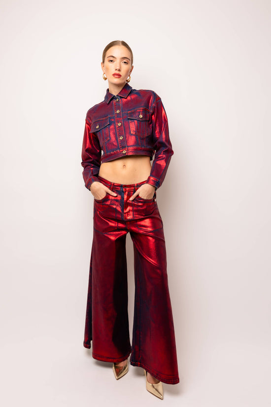 Wren Red Foil Coated Denim Pants - Born To Glam Born To Glam