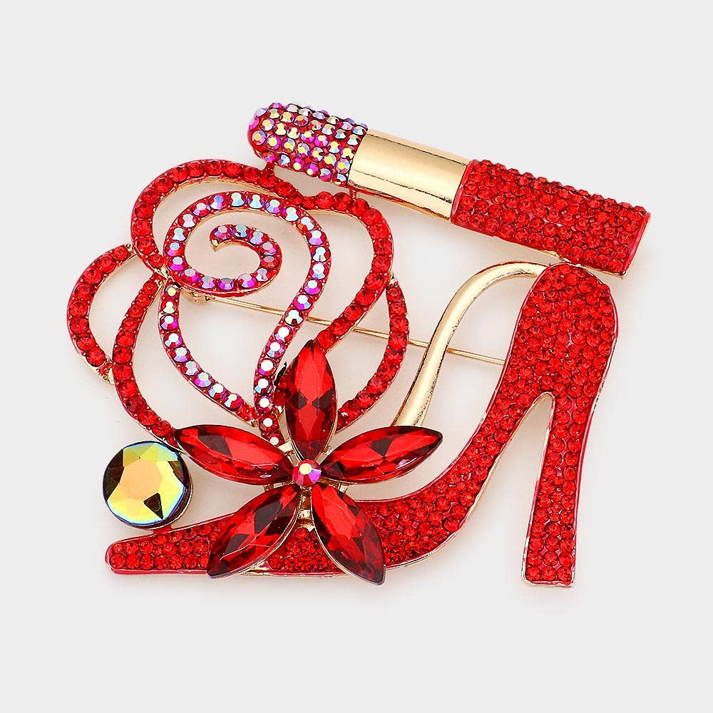 Rhinestone Pave High Heel Flower Lipstick Brooch - Born To Glam Born To Glam