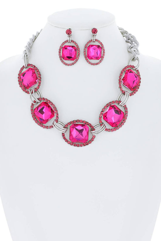 Chunky Oval Rhinestone Gem Link Necklace Set - Born To Glam Born To Glam