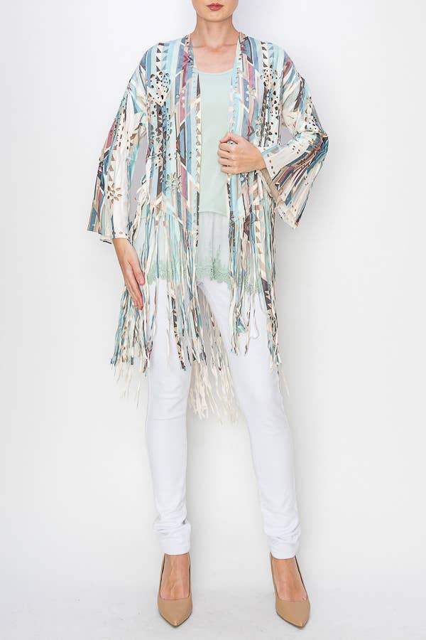 Turquoise Geo Faux Suede Fringe Cardigan - Born To Glam Born To Glam
