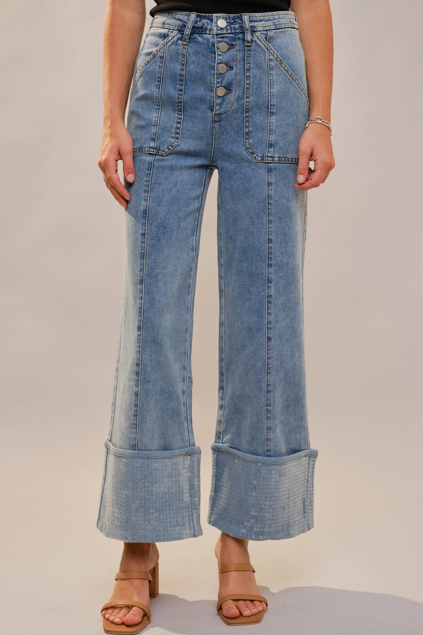 Cuffed Sequin Bottom Detailed Jeans - Born To Glam Born To Glam