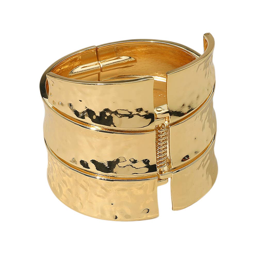 Bold Wide Textured Metal Hinged Bangle Bracelet - Born To Glam Born To Glam