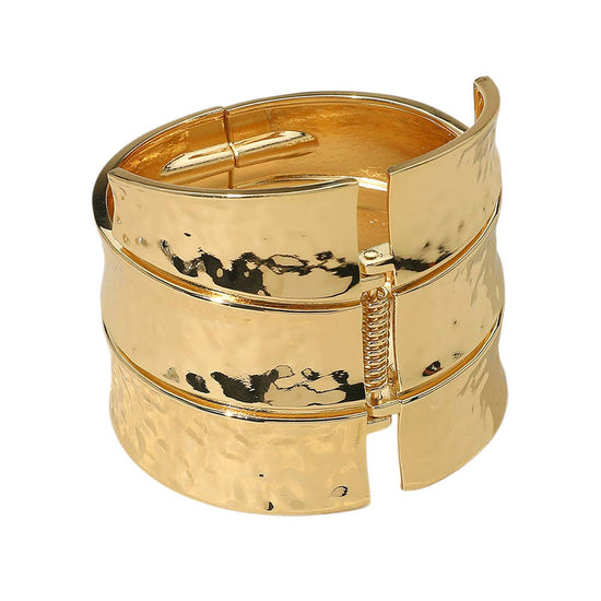 Bold Wide Textured Metal Hinged Bangle Bracelet - Born To Glam Born To Glam