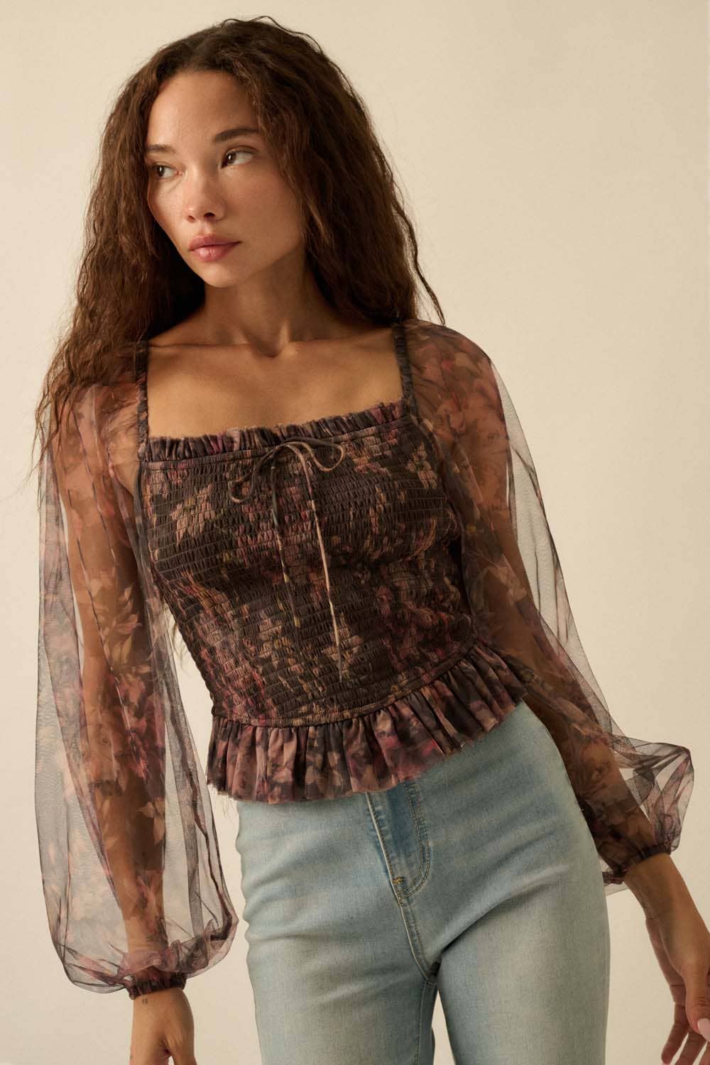 Layered Floral-Print Tulle Smocked Peasant Top - Born To Glam Born To Glam