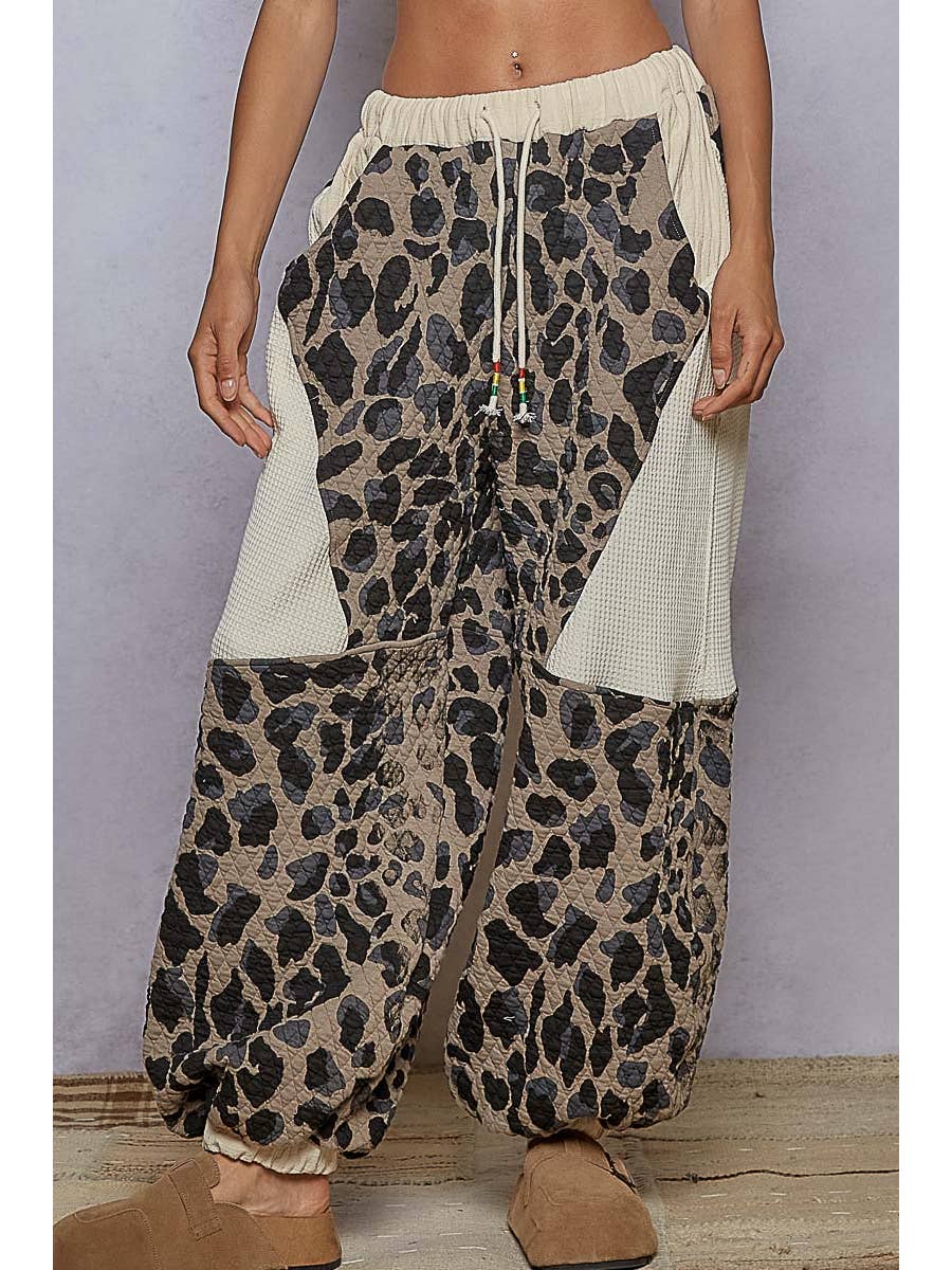 Taupe Leopard Double Gauze Patchwork Quilted Print Knit Pants by Born To Glam Born To Glam