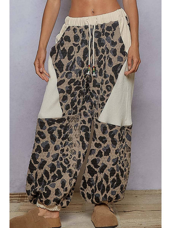 Taupe Leopard Double Gauze Patchwork Quilted Print Knit Pants by Born To Glam Born To Glam