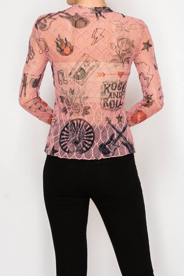 Sheer Flower Lace Mesh Long Sleeve Top  OLS-4865DUST ROS-RNR - Born To Glam Born To Glam