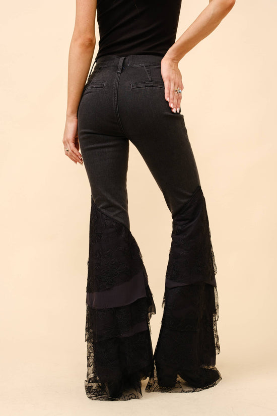 Mid Rise Lace Tiered Flare Denim Jeans - Born To Glam Born To Glam