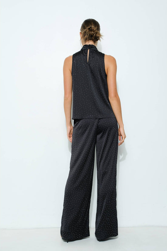 Black High Waist Rhinestone Wide-Leg Pants - Born To Glam Born To Glam