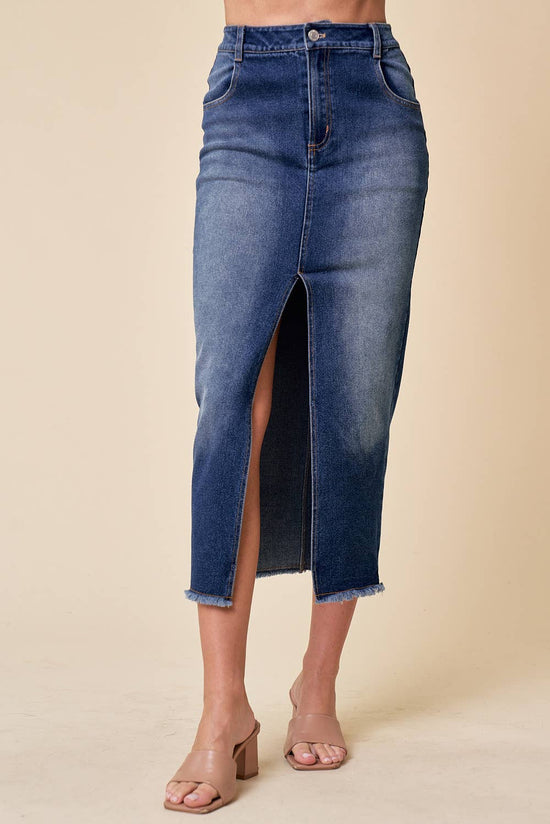 Dark Wash Midi Front Slit Denim Skirt - Born To Glam Born To Glam