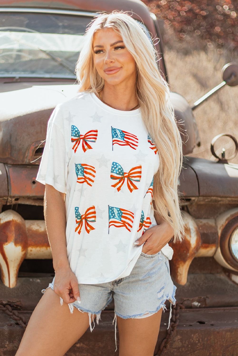 Khaki Patriotic Flag Bow Graphic Starry Round Neck T Shirt Born To Glam