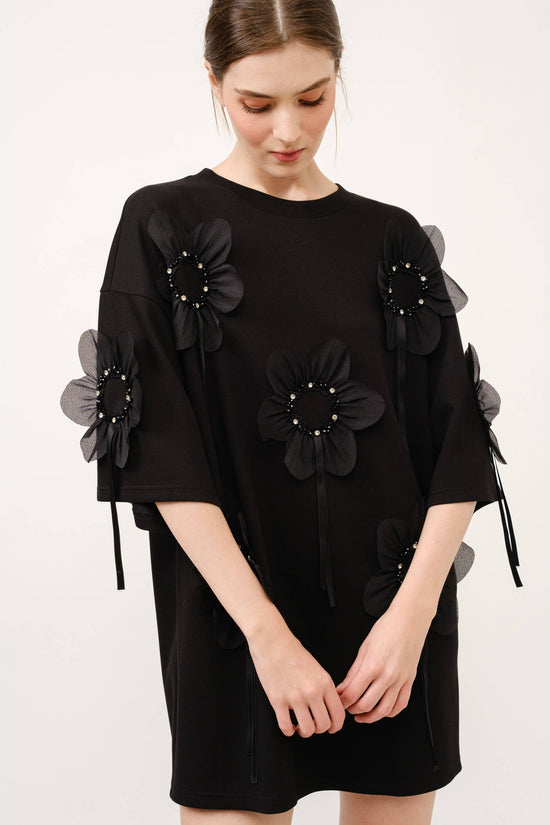 3D Floral Applique Oversized T-Shirt Mini Dress - Born To Glam Born To Glam