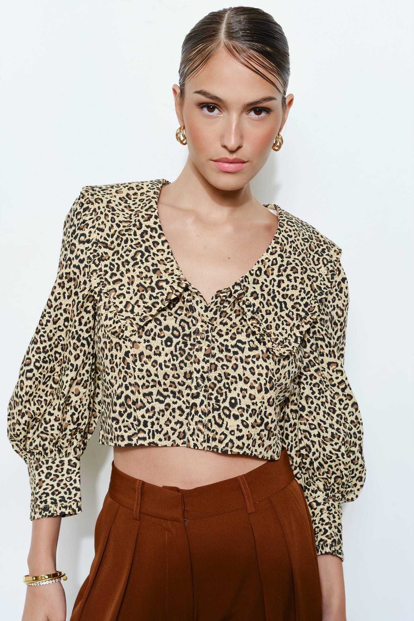 Leopard Print Blouse with Statement Wide Collar - Born To Glam Born To Glam