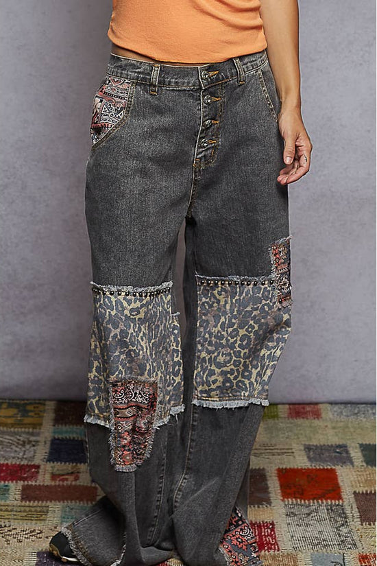 Black Leopard Patch Black Denim Printed Waist String Woven Pants - Born To Glam Born To Glam