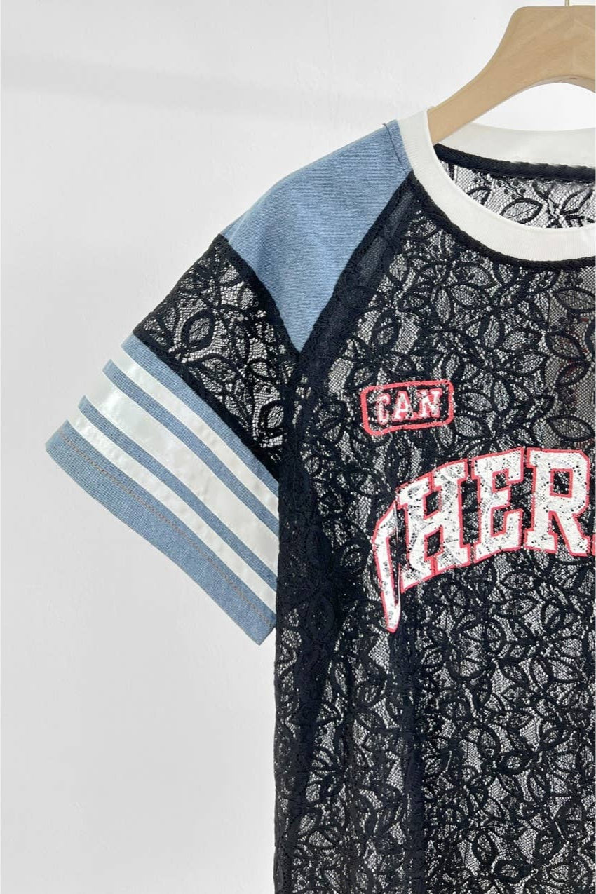 Lace Patchwork Graphic Tee with Denim - Born To Glam Born To Glam