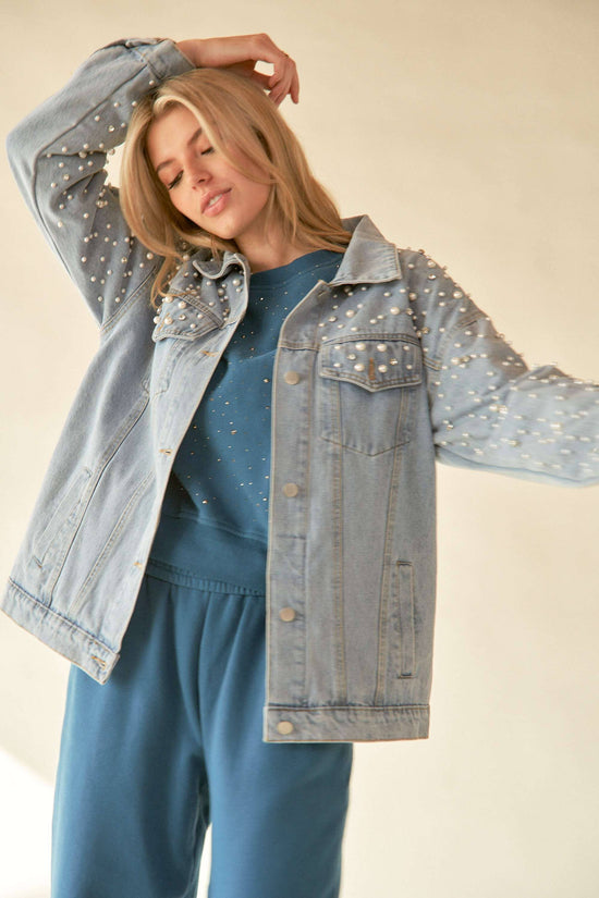 PLUS PEARL RHINESTONE DETAIL DENIM JACKET - Born To Glam Born To Glam