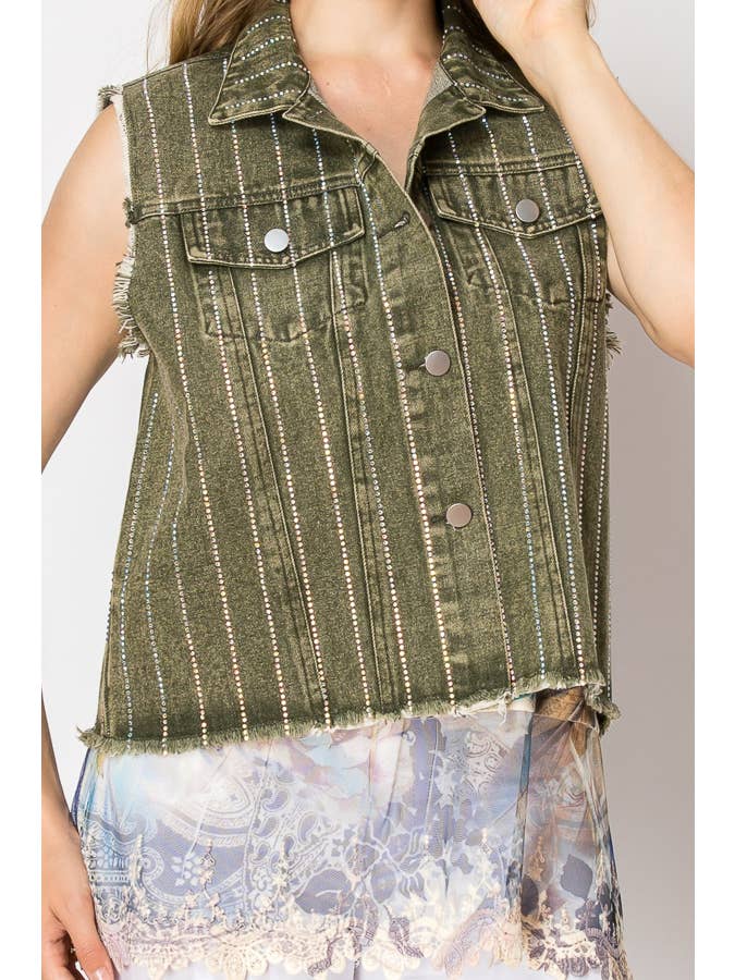 Olive Crystal Stripe Denim Vest - Born To Glam Born To Glam