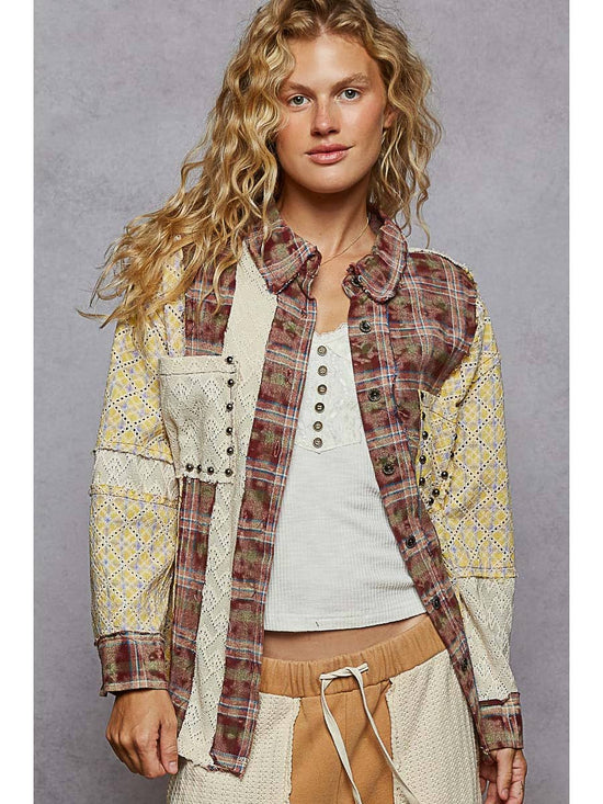 Red Brick Oversized Long Sleeve Lace Contrast Shirt in Plaid by Born To Glam Born To Glam