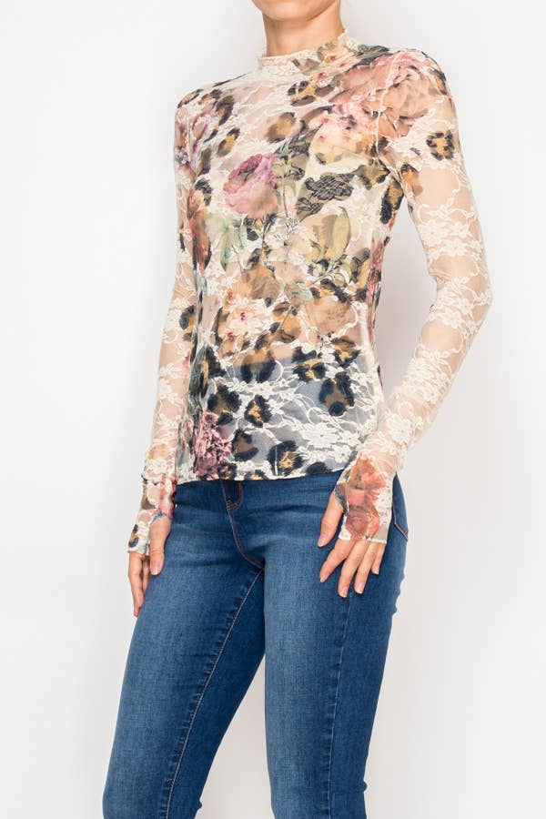 Sheer Flower Lace Mesh Long Sleeve Top – OLS-4865BG-LEO FL - Born To Glam Born To Glam