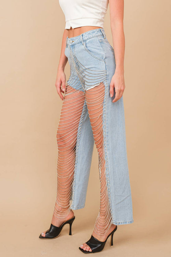Cut Out Open Leg Rhinestone Chain Denim Jeans - Born To Glam Born To Glam
