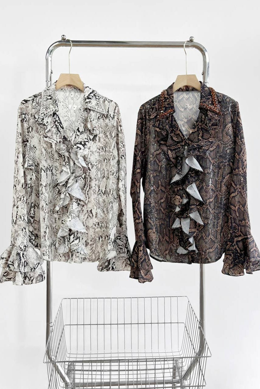 Snake Print Ruffle Blouse - Born To Glam Born To Glam