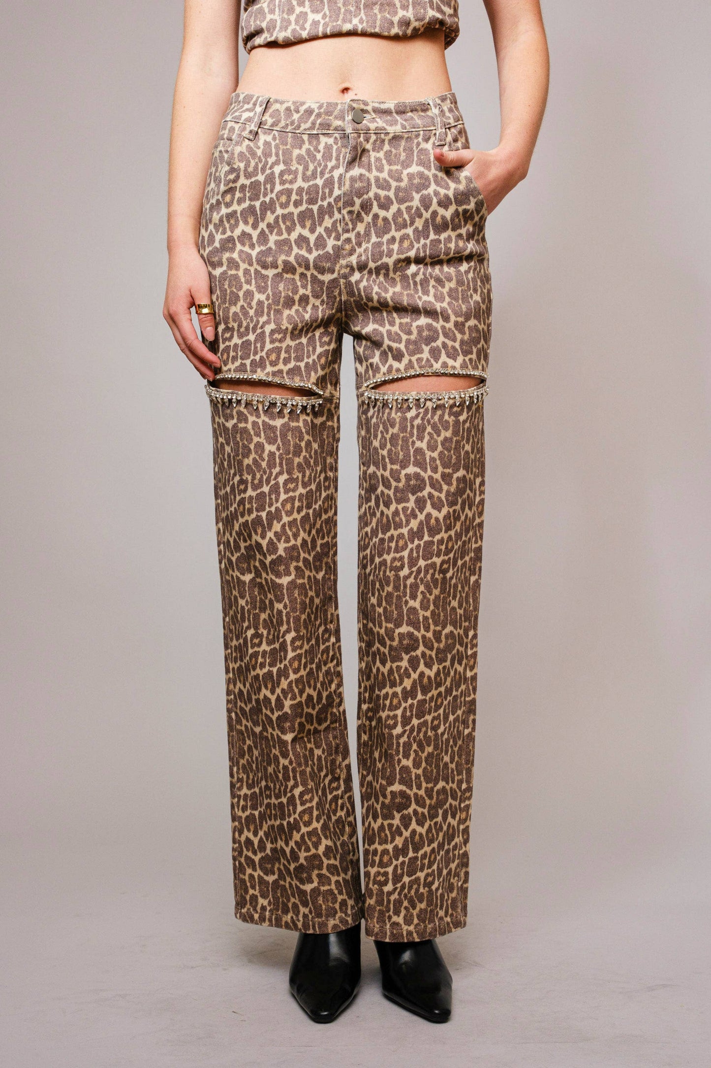 Leopard Print Rhinestone Cutout Jeans - Born To Glam Born To Glam
