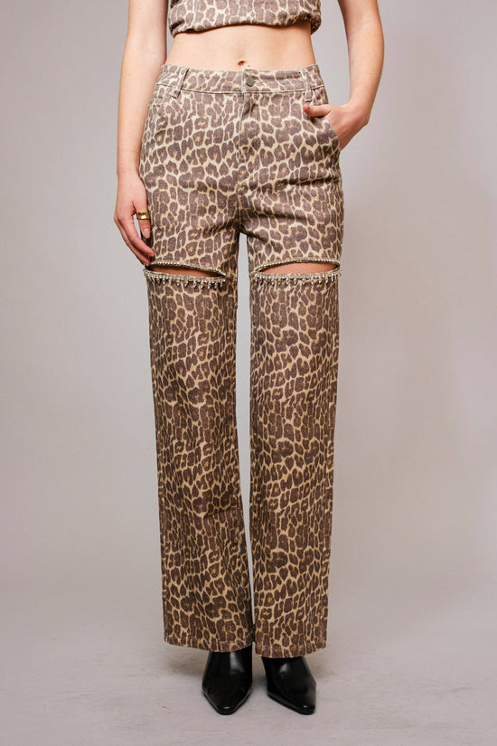 Leopard Print Rhinestone Cutout Jeans - Born To Glam Born To Glam