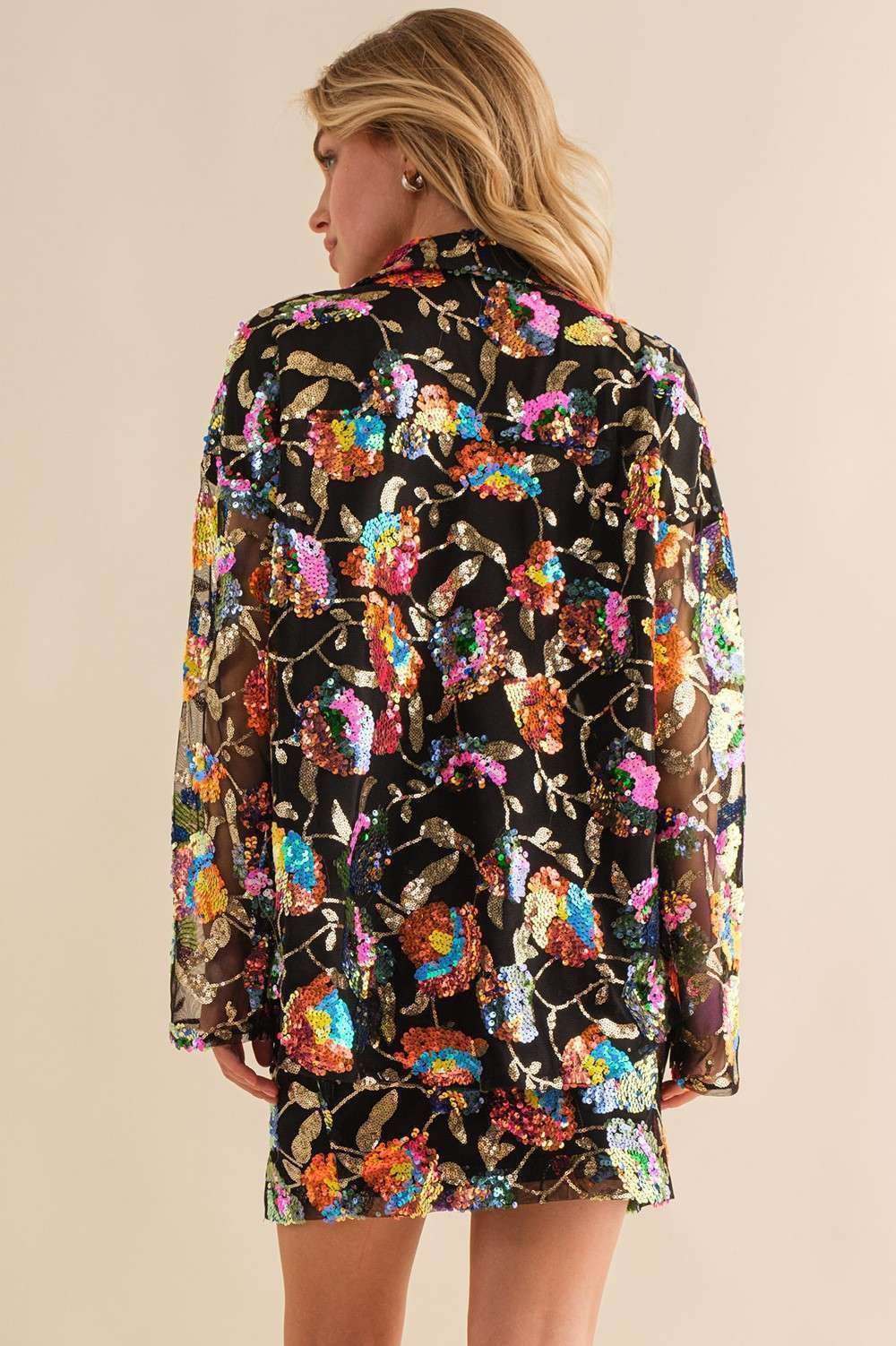 Black Multi Flower Sequin Oversize Shirt - Born To Glam Born To Glam