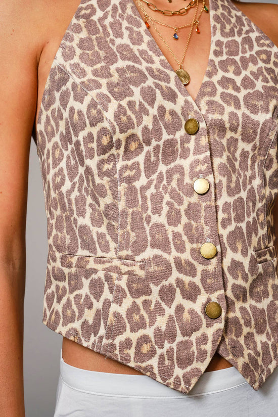 Leopard Print Halter Neck Vest - Born To Glam Born To Glam