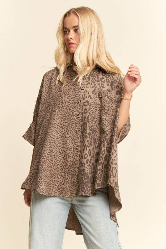 TAUPE LEOPARD ANIMAL PRINTED RIBBON RUFFLE SLEEVE SHIRT TOP - Born To Glam Born To Glam