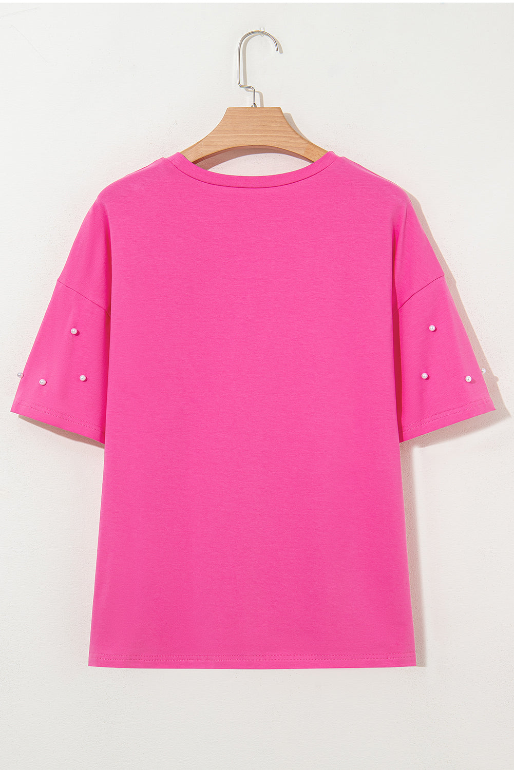 Bright Pink Pearl Beaded Drop Shoulder Crewneck T Shirt - Born To Glam Born To Glam