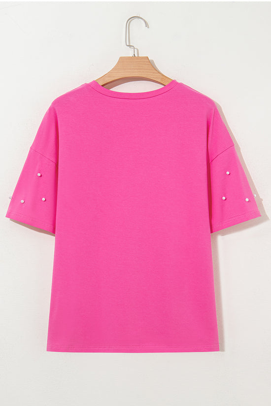 Load image into Gallery viewer, Bright Pink Pearl Beaded Drop Shoulder Crewneck T Shirt - Born To Glam
 Born To Glam