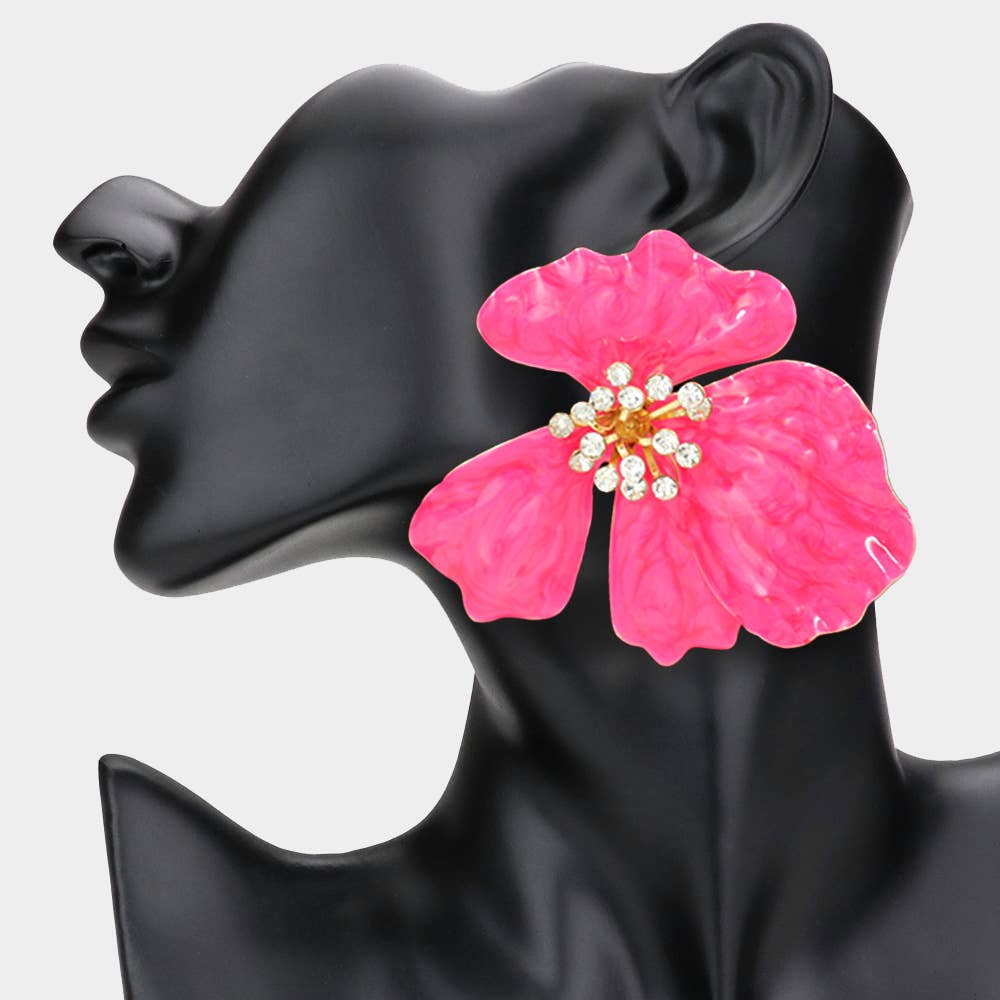 Oversized Stone Bud Enamel Petal Flower Earrings - Born To Glam Born To Glam