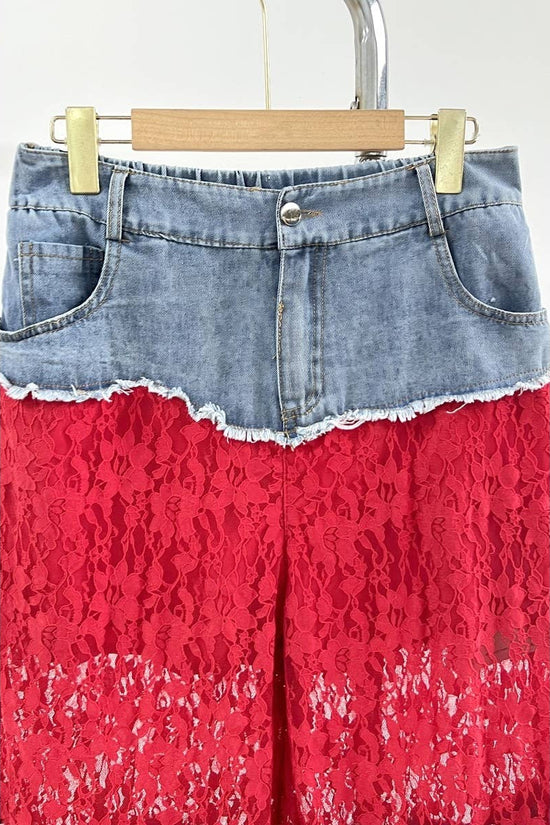 Red Color Block Lace and Denim Wide Leg Pants - Born To Glam Born To Glam